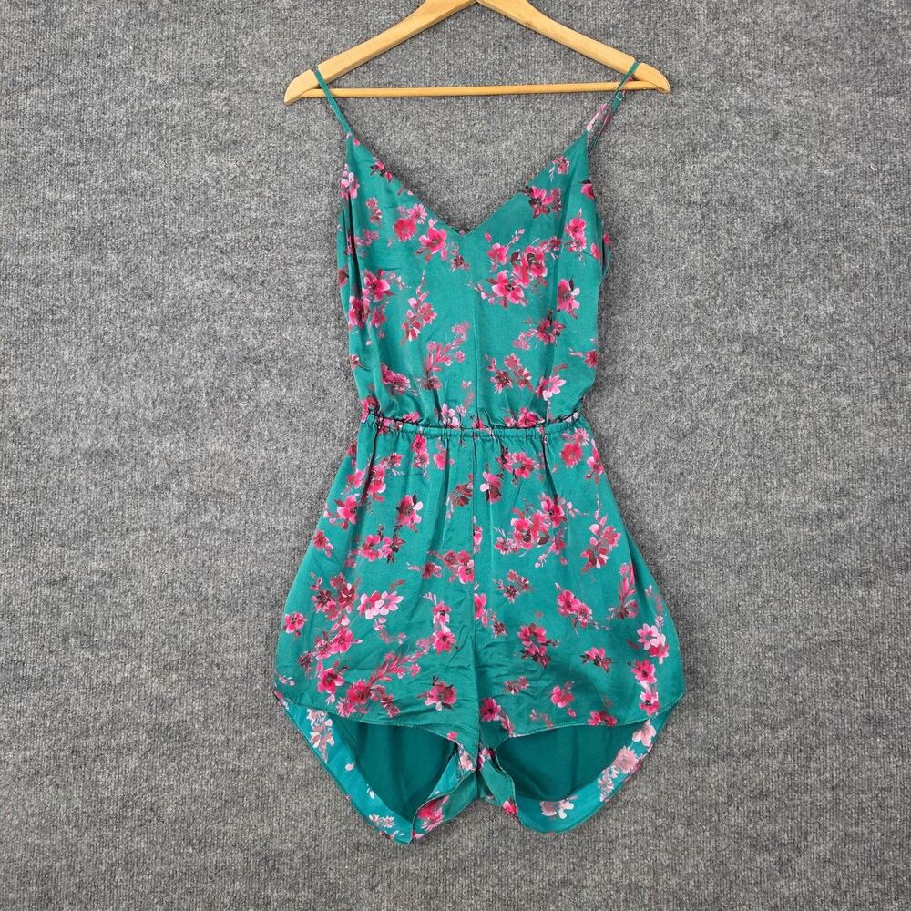 Cami NYC Romper Small Green Floral Silk Satin Tie Back Cutout Relaxed Feminine